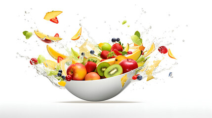 Fresh and colorful fruit explosion captured in a bowl with splashes of water against a white background