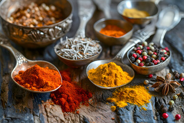 Exploring the vibrant variety of spices and herbs arranged in antique spoons on a rustic wooden surface