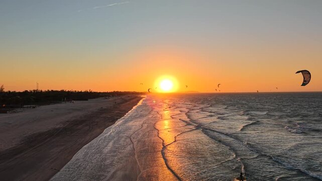 Aerial view of sunset at Pre&aacute; Beach, a kitesurf point near Jericoacoara Village - Cruz, Cear&aacute;, Brazil