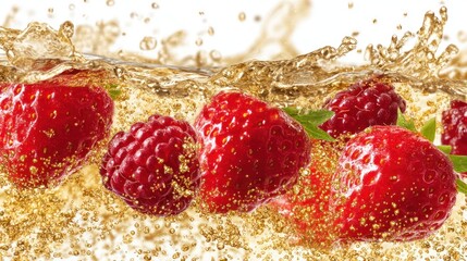 Fresh raspberries and strawberries in a golden liquid, with splashes and bubbles, set against a white background.