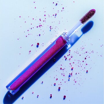 crystal-clear lip  tube with glossy pink shimmer, surrounded by sparkles, scattered makeup brus, and a marble vanity surface. isolated on white background Ultra HD, Very Realistic, High Detailed Image