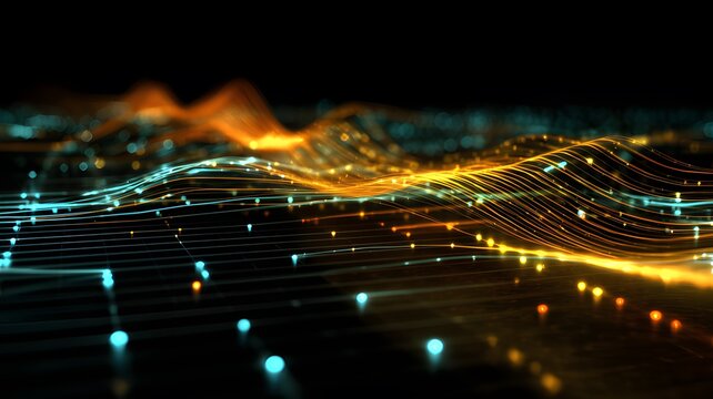 Abstract technology background of glowing data particle waves, representing data visualization, network flow, or financial markets - Powered by Adobe