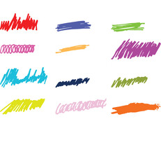 Set of colorful hand drawn marker scribbles and brush strokes bundle for design elements, abstract texture lines and highlights on white background