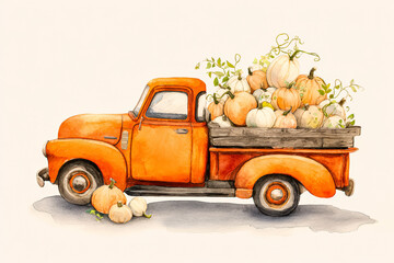 Vintage orange truck filled with pumpkins, symbolizing harvest and Thanksgiving day celebration