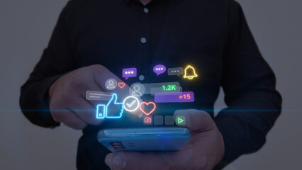 Digital Engagement with Virtual Social Media Icons on a Mobile Device.