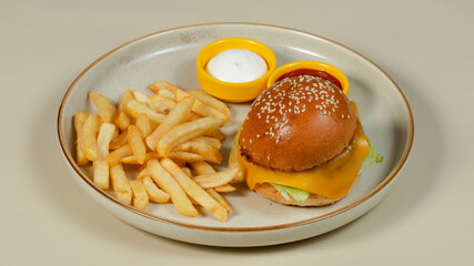 Burger and fries on tray
