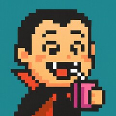 Fototapeta premium Cozy Pixel Vampire With Pink Mug