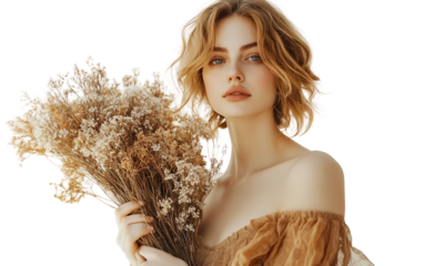 Graceful woman posing with preserved fall flowers representing elegance nature and timeless style isolated on transparent background PNG