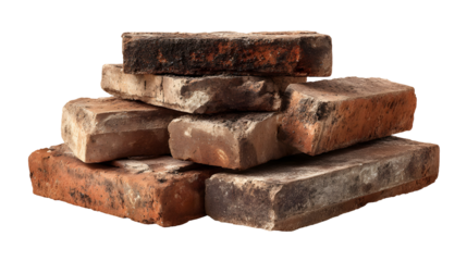 Stack of vintage construction bricks in natural red tones isolated on black background