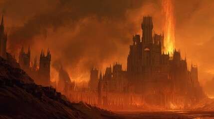 Obraz premium Fire blazes from the towers of a majestic fortress silhouetted against a fiery sky evoking awe and destruction.