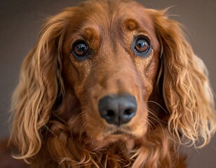 Portrait of a dog, reddish-brown fur, with focused, expressive eyes