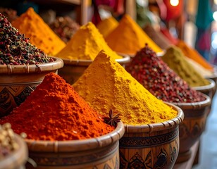 Vibrant Spices Displayed in Traditional Moroccan Market.