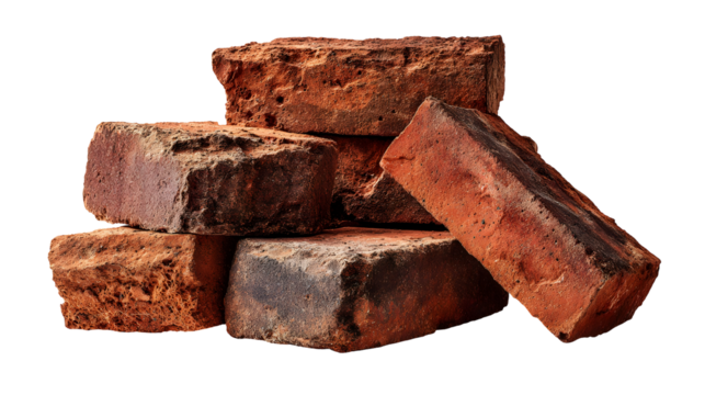 Weathered red clay bricks stack for rustic architectural or construction projects