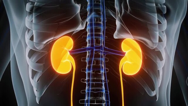 the human body focusing on the kidneys  highlighted in glowing orange