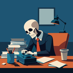 Skeleton working late at a desk with books and coffee