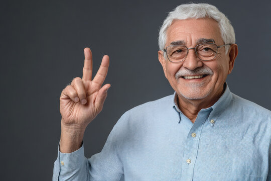 Older man smiling and making peace sign with hand against gray background