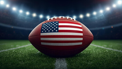 a football with an flag of united states of america on it on a stadium at night with lights, ai