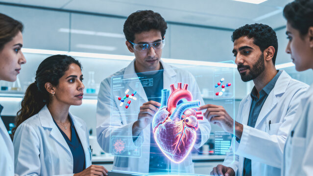 Dedicated Team of Medical Researchers Analyzing a Holographic Human Heart Model and Molecular Structures on a Futuristic Laboratory Screen - Powered by Adobe