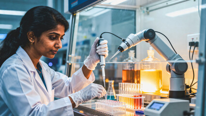Focused Female Biologist Using a Micropipette and Automated Robotic Arm to Precisely Dispense Samples into Test Tubes in a Modern Science Laboratory