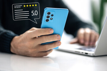 Customer review satisfaction feedback concept. Man evaluate quality of service for business ranking