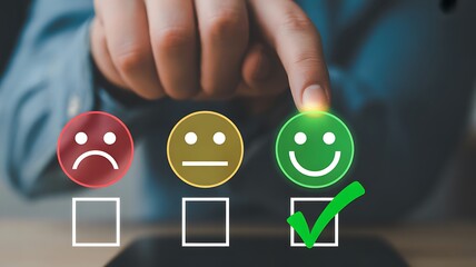 Customer satisfaction survey feedback rating scale happy neutral and sad face with hand selecting happy