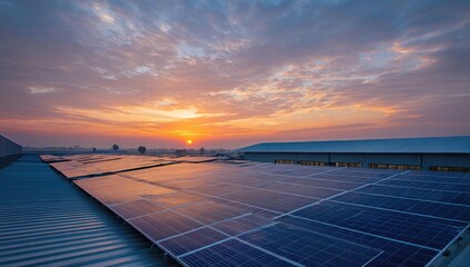 Solar panels reflect a vibrant sunrise sky