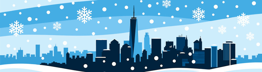 Fototapeta premium Winter city skyline with snowflakes on blue background