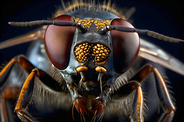 Close-up view of a buzzing insect showcasing intricate details of its head and eyes in vivid color