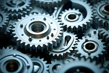 Close-up view of interlocking metallic gears arranged in a precise manner