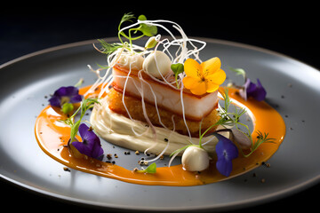 Culinary art created with layered pork belly served on a gourmet plate with edible flowers in a modern dining setting