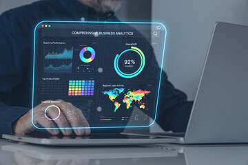 Businessman leveraging advanced business analytics on a holographic dashboard, optimizing financial and product performance strategies