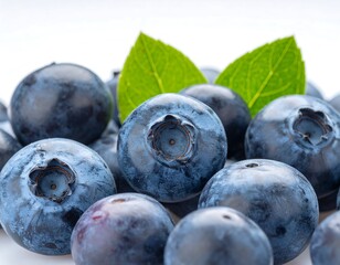 Fresh Blueberries with Green Leaves - A Close-Up of Healthy Fruit.