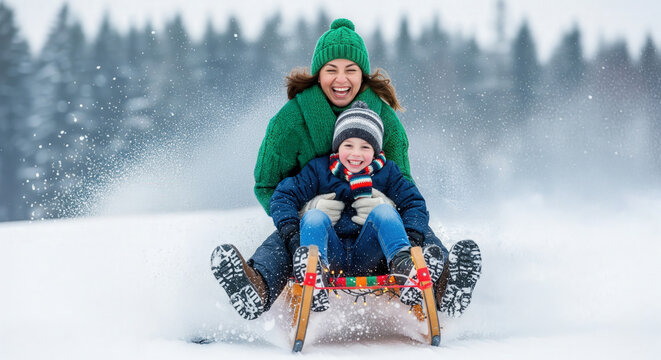Smiling mother and happy child joyfully sled down a snowy hill, enjoying holiday family time outdoors.
