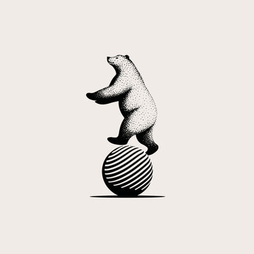 A dotted graphic of a bear balancing on a striped ball, with a minimalist and vintage aesthetic