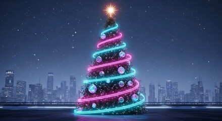 Christmas tree city skyline neon lights holiday season festive celebration winter scene background