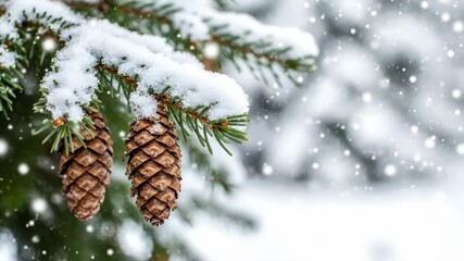 Snowy pine branch with pine cones in winter wonderland - Powered by Adobe