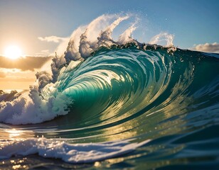 Majestic Ocean Wave at Sunset - A Powerful Display of Natures Beauty.