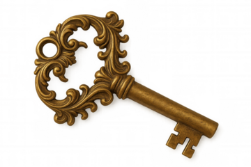 Ornate golden vintage skeleton key with scrollwork handle on transparent background representing access and solution