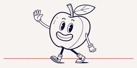 Smiling apple waving hand, fun cute flat vector cartoon illustration