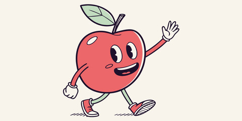 Happy smiling apple waving hand, cute minimal flat vector illustration