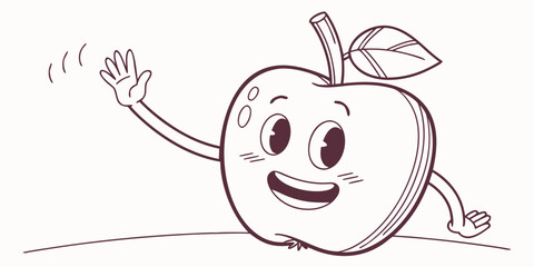Smiling apple waving hello, cute flat minimal vector illustration