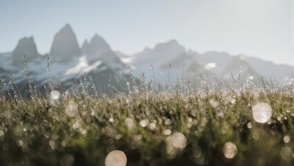 Sunlight glistens on grass blades, mountain peaks in soft focus. Clear sky backdrop