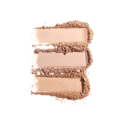 set of three colours of setting powder, cosmetics beauty product texture, setting powder swatch, compact face powder, loose powder