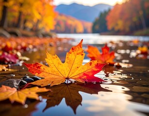 Scenic autumn leaves afloat in tranquil water, reflecting sun's warmth