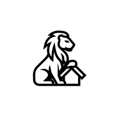 Fototapeta premium A stylized monochrome illustration of a regal lion perched beside a simple representation of a house