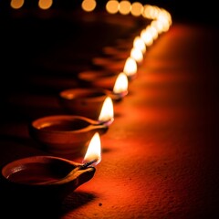 Row of illuminated oil lamps creating a warm glowing path during a festival or celebration