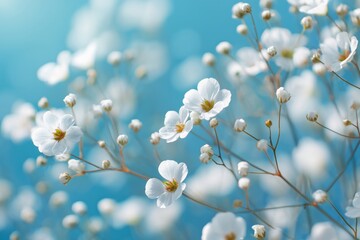 Bright White Flowers Blooming Against a Soft Blue Background Creating a Serene Spring Atmosphere