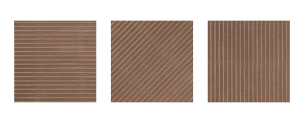 Eco fabric striped texture set in cream, brown and beige tones. Corrugated cardboard grainy surface with sand like lines, dirt speckle, soft watercolor look, organic edge detail. Vector illustration