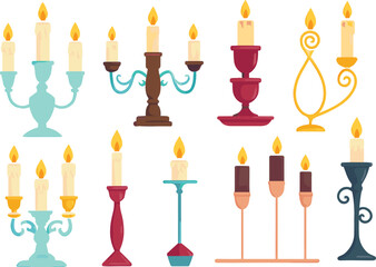Candle holder vector set, lit candles, decorative styles, classic and modern design, festive ambiance, colorful illustration, home decor, elegant lighting