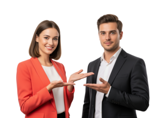 Referral program hero for fintech and B2B SaaS, presenters pointing to offer with free copy space, suitable for affiliate landing pages and partner onboarding kits or webinar covers